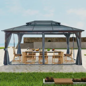 12' x 16' Gazebo for Patios,Gazebo with Polycarbonate Double Roof Canopy, Solid Wooden Framed Gazebo